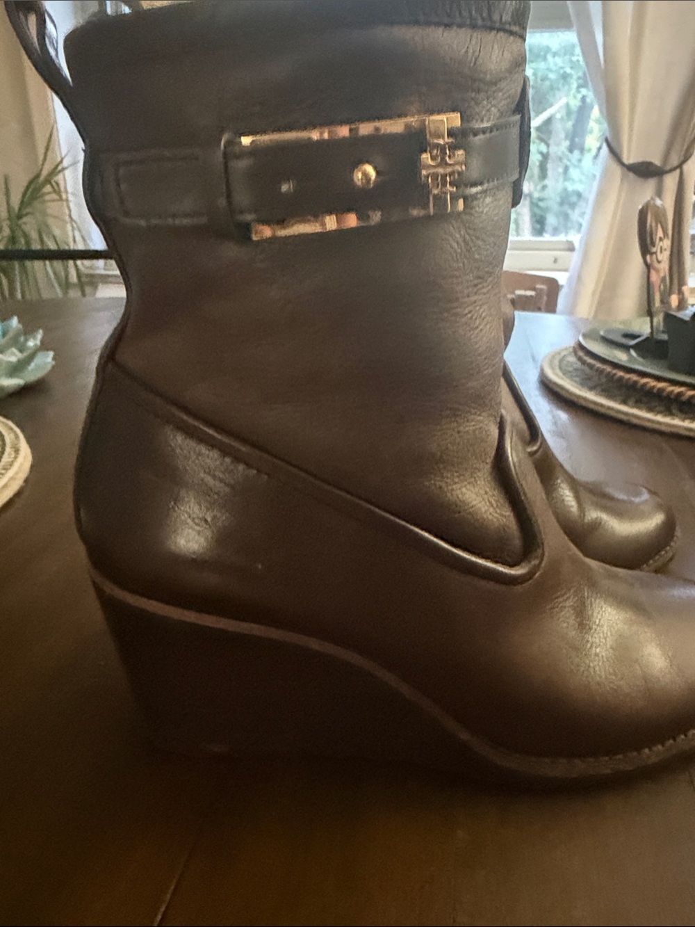 Tory Burch Brown Leather Wedge Ankle Boots with Gold Buckle